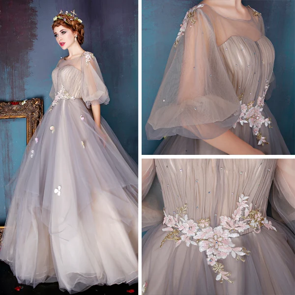 Chic / Beautiful Prom Formal Dresses 2017 Prom Dresses Grey Ball Gown Floor-Length / Long 1/2 Sleeves Scoop Neck Backless Sequins Lace Appliques Rhinestone