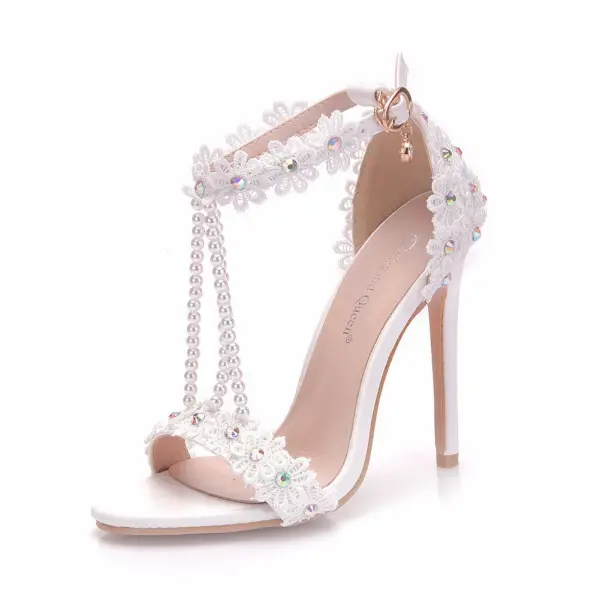 Charmant Blanche En Dentelle Fleur Chaussure De Mariée 2021 Faux Diamant Perle T-Strap 11 cm Talons Aiguilles Peep Toes / Bout Ouvert Mariage Talons Hauts