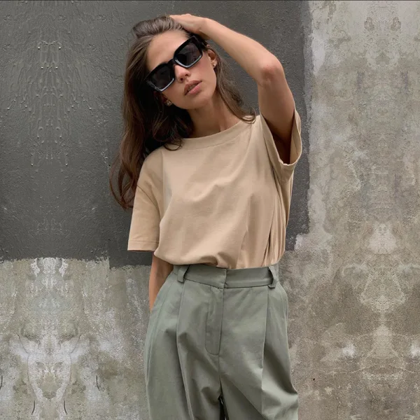 Casual Summer Solid Color Khaki Tops T-Shirts 2021 Cotton Scoop Neck Short Sleeve Women's Tops T-shirt