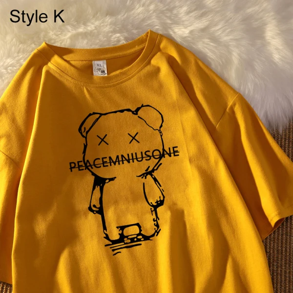 Summer Street Wear White Cartoon Loose T-Shirts 2021 Cotton Scoop Neck Short Sleeve Women's Tops