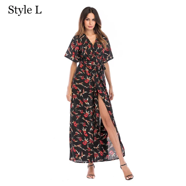 Summer Black Street Wear Beach Floral Maxi Dresses 2021 V-Neck Short Sleeve Women Dresses