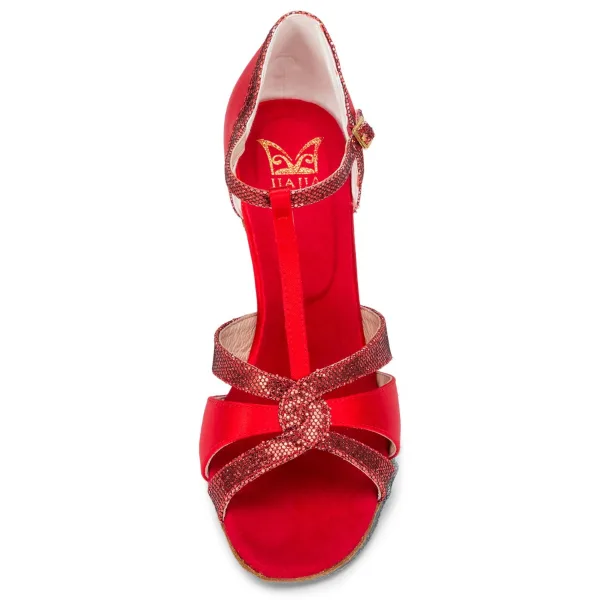 Chic / Beautiful Red Prom Rhinestone Latin Dance Shoes 2021 T-Strap 7 cm Stiletto Heels Open / Peep Toe Womens Sandals High Heels