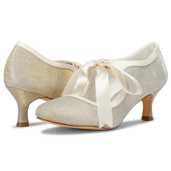 Schlicht Ivory / Creme Satin Spitze Brautschuhe 2021 Schleife 6 cm Stilettos Runde Zeh Hochzeit Pumps Hochhackige