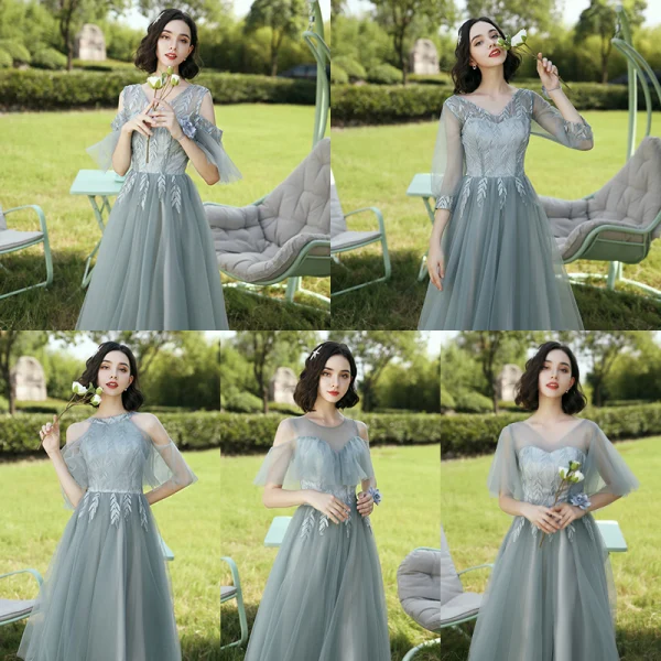 Modest / Simple Sage Green Embroidered Bridesmaid Dresses 2021 A-Line / Princess V-Neck Short Sleeve Backless Floor-Length / Long Wedding Party Dresses