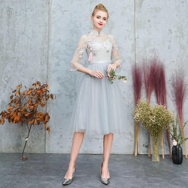 Chinese style Grey Embroidered Bridesmaid Dresses 2021 A-Line Princess High Neck Short