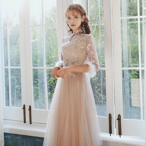 Chinese style Elegant Blushing Pink Embroidered Bridesmaid Dresses 2021 A-Line / Princess Scoop Neck 3/4 Sleeve Floor-Length / Long Wedding Party Dresses
