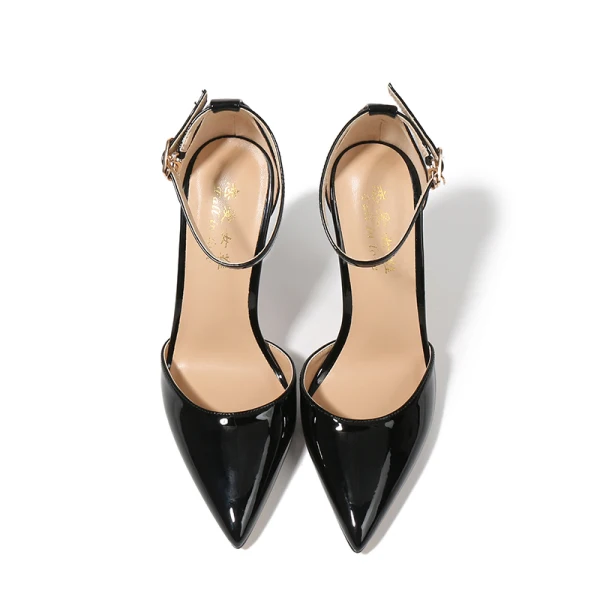 Sexy Fashion Black Cocktail Party Evening Party Womens Shoes 2021 Patent Leather Ankle Strap 12 cm Stiletto Heels Pointed Toe Womens Shoes High Heels