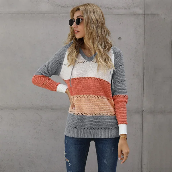 Fashion Fall Winter Casual Multi-Colors Stripe Knitting Hooded Sweatshirts 2021 Loose Long Sleeve Women Tops