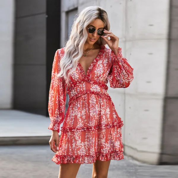 Sexy Summer Resort Wear White Floral Women Dresses 2021 Chiffon V-Neck Long Sleeve Backless Loose