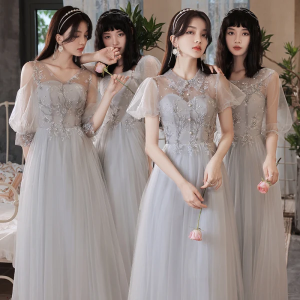 Chic / Beautiful Grey Pearl Lace Flower Bridesmaid Dresses 2021 A-Line / Princess Short Sleeve Backless Floor-Length / Long Bridesmaid Wedding Party Dresses