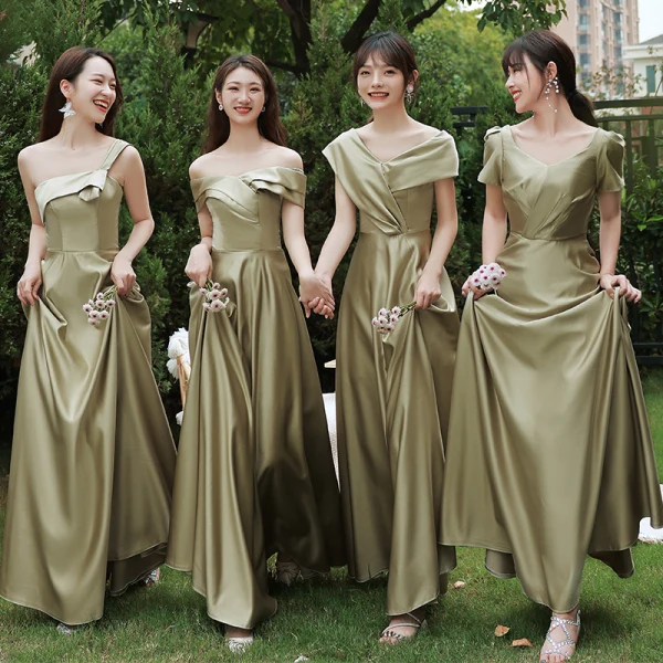 Modest / Simple Olive Green Satin Bridesmaid Dresses 2021 A-Line / Princess Short Sleeve Backless Floor-Length / Long Wedding Party Dresses