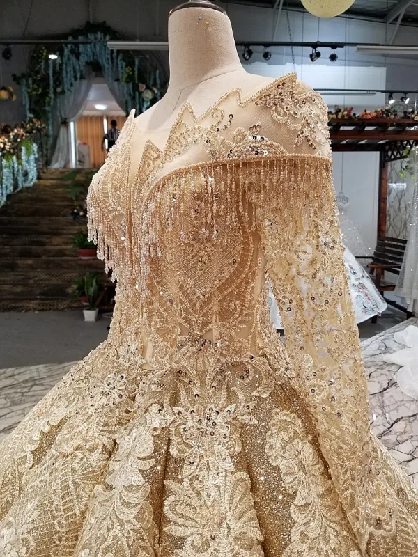 Luxury / Gorgeous Gold Wedding Dresses 2019 Ball Gown Glitter Tulle Scoop Neck Beading Crystal Tassel Lace Flower Long Sleeve Backless Royal Train