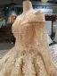 Luxe Doré Robe De Mariée 2019 Robe Boule Glitter Tulle Encolure Dégagée Perlage Cristal Gland En Dentelle Fleur Manches Longues Dos Nu Royal Train