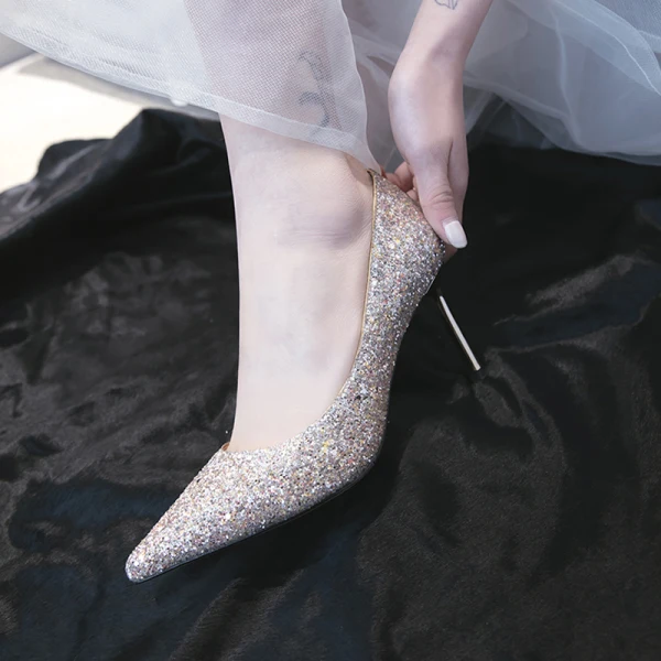Sparkly Sølv Brudesko 2019 Paljetter 7 cm Stiletthæler Spisse Bryllup Høyhælte