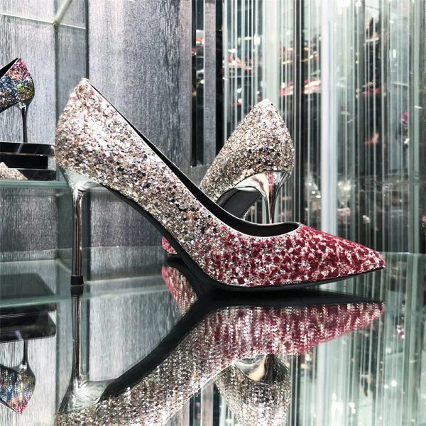 Scintillantes Argenté Cuir Soirée Escarpins 2019 Paillettes 8 cm Talons Aiguilles À Bout Pointu Escarpins