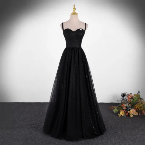 Modest / Simple Black Prom Dresses 2022 A-Line / Princess Spaghetti Straps Sequins Sleeveless Backless Floor-Length / Long Formal Dresses