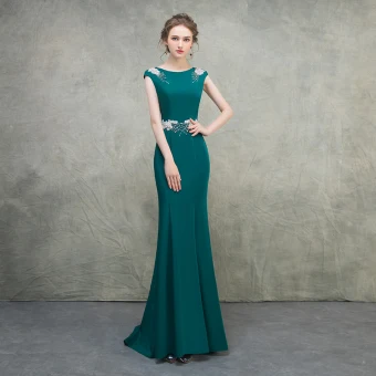 Simple Vert Robe De Soirée 2018 Trompette Sirène Encolure Dégagée Mancherons Paillettes Perlage Train De Balayage Robe De Ceremonie