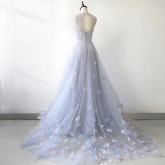 Flower Fairy Sky Blue See Through Evening Dresses 2018 A Line Princess Scoop Neck Sleeveless Appliques Flower Court Train Ruffle Backless Formal Dresses