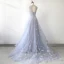 Flower Fairy Sky Blue See-through Evening Dresses  2018 A-Line / Princess Scoop Neck Sleeveless Appliques Flower Court Train Ruffle Backless Formal Dresses