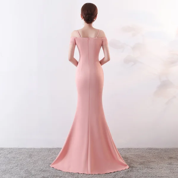 Chic / Belle Couleur Unie Ivoire Robe De Soirée 2019 Trompette / Sirène Bretelles Spaghetti Perlage Gland Sans Manches Dos Nu Fendue devant Longue Robe De Ceremonie