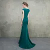 Modest / Simple Green Evening Dresses  2018 Trumpet / Mermaid Scoop Neck Cap Sleeves Sequins Beading Sweep Train Formal Dresses