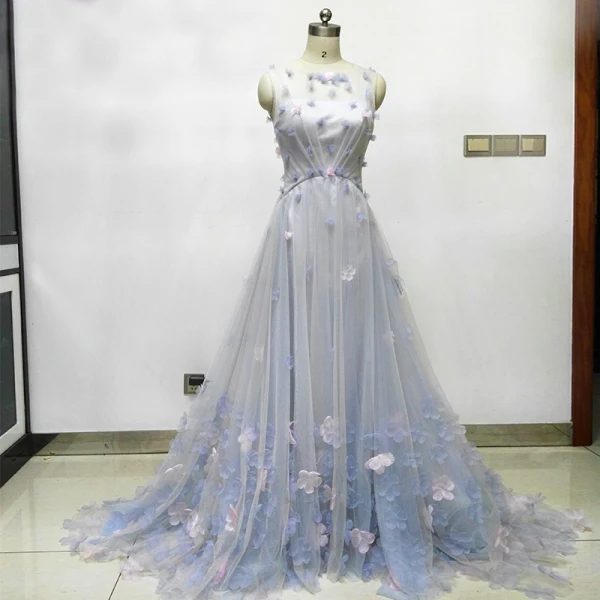 Flower Fairy Sky Blue See-through Evening Dresses 2018 A-Line / Princess Scoop Neck Sleeveless Appliques Flower Court Train Ruffle Backless Formal Dresses