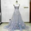 Flower Fairy Sky Blue See-through Evening Dresses  2018 A-Line / Princess Scoop Neck Sleeveless Appliques Flower Court Train Ruffle Backless Formal Dresses