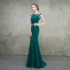 Modest / Simple Green Evening Dresses  2018 Trumpet / Mermaid Scoop Neck Cap Sleeves Sequins Beading Sweep Train Formal Dresses