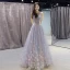 Flower Fairy Sky Blue See-through Evening Dresses  2018 A-Line / Princess Scoop Neck Sleeveless Appliques Flower Court Train Ruffle Backless Formal Dresses