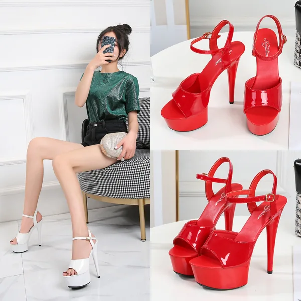Sexy Schwarz Karneval Club Sandalen Damen 2020 Knöchelriemen 15 cm Stilettos Peeptoes Sandaletten