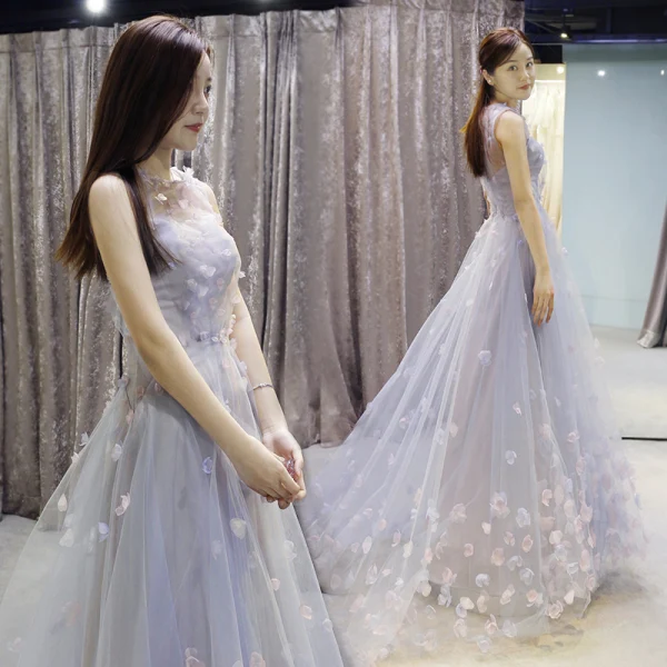 Flower Fairy Sky Blue See-through Evening Dresses 2018 A-Line / Princess Scoop Neck Sleeveless Appliques Flower Court Train Ruffle Backless Formal Dresses