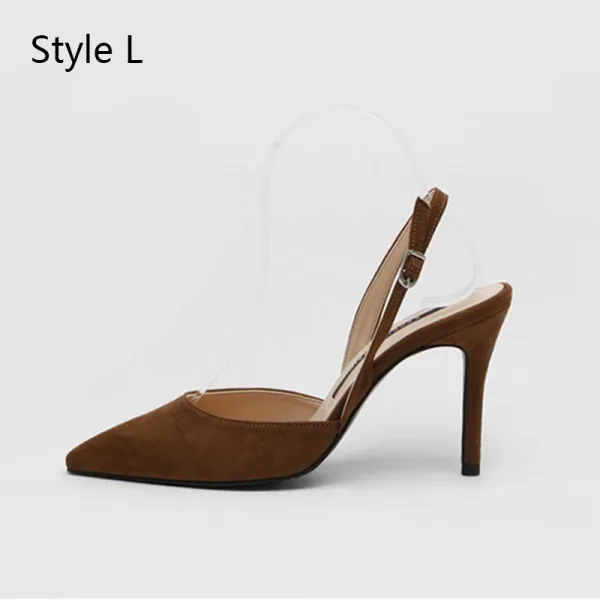 Schlicht Beige Büro OL Slingpumps Sandalen Damen 2020 Wildleder 8 cm Stilettos Spitzschuh Sandaletten