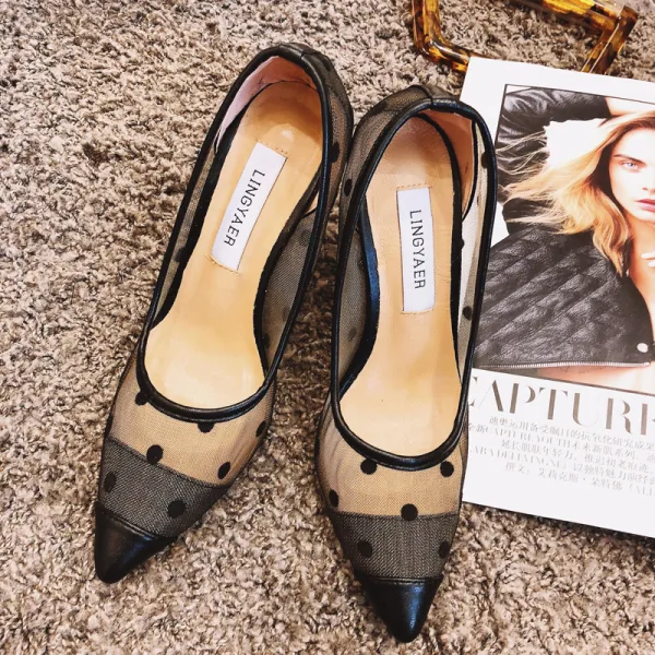 Chic / Beautiful Black Summer Casual Pumps 2018 Leather Spotted 10 cm Stiletto Heels Pointed Toe Pumps