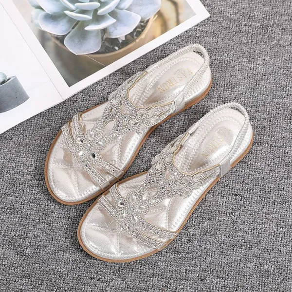 Bohemen Zilveren Zomer Straatkleding Rhinestone Pantoffel & Slippers 2020 Peep Toe Platte Damesschoenen