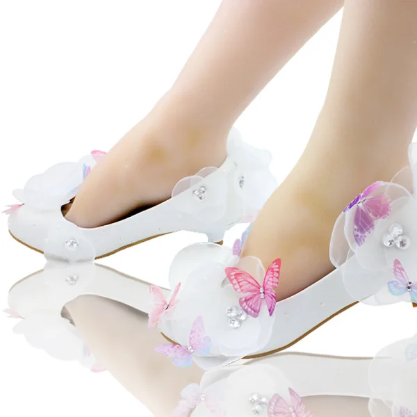 Chic / Beautiful White Wedding Shoes 2018 Leather Butterfly Flower Rhinestone 14 cm Stiletto Heels Pointed Toe Wedding Pumps