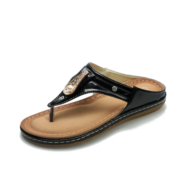 Moda Lato Czarne Zużycie ulicy Pantofle & Klapki 2020 Perła Rhinestone Płaskie Peep Toe Buty Damskie