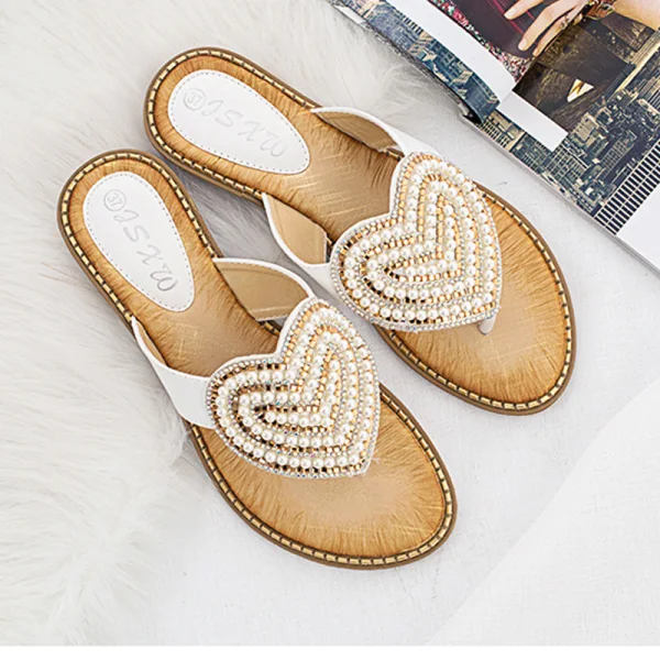 Schöne Schwarz Freizeit Perle Strass Sandalen Damen 2020 Peeptoes Flache Sandaletten