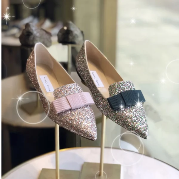 Sparkly Gradient-Color Prom Flat Womens Shoes 2020 Sequins Bow Pointed Toe Heels