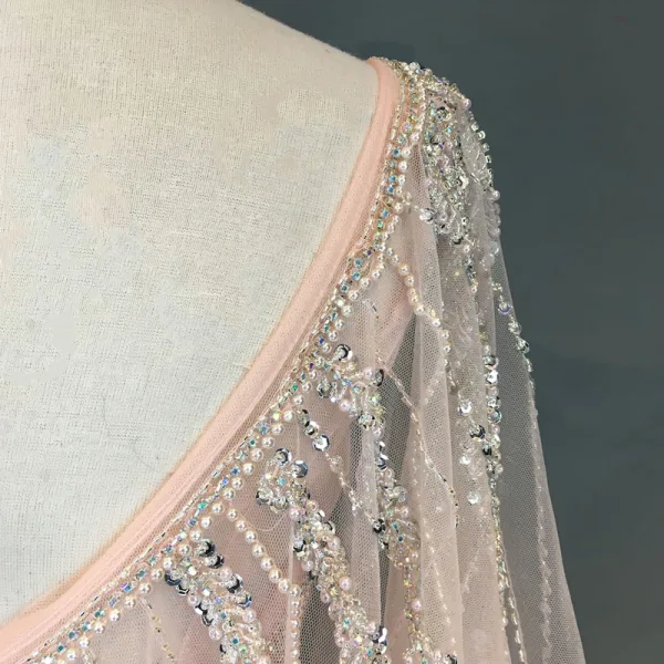 Luxe Ivoire Robe De Soirée 2018 Trompette / Sirène Perlage Perle Faux Diamant Paillettes Encolure Dégagée Dos Nu 3/4 Manches Train De Balayage Robe De Ceremonie