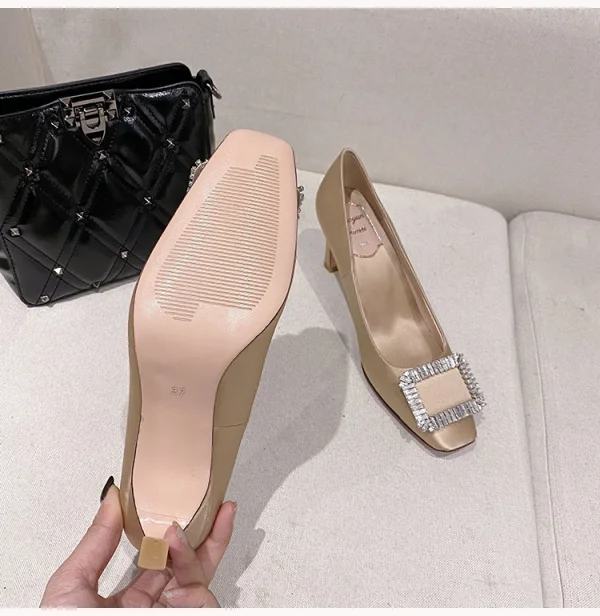 Vintage / Retro Green Silk Satin Prom Rhinestone Pumps 2021 7 cm Stiletto Heels Square Toe High Heels