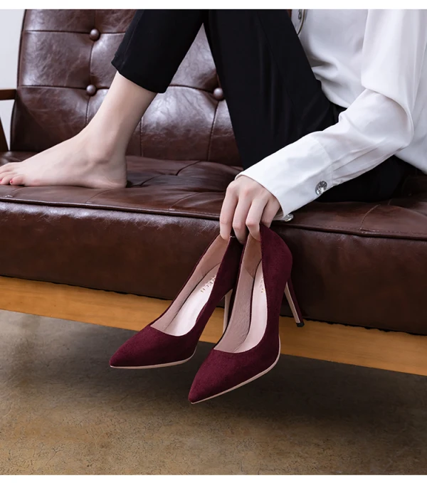 Schöne Burgunderrot Abend Leder Wildleder Pumps 2021 10 cm Stilettos Hochhackige Spitzschuh Pumps