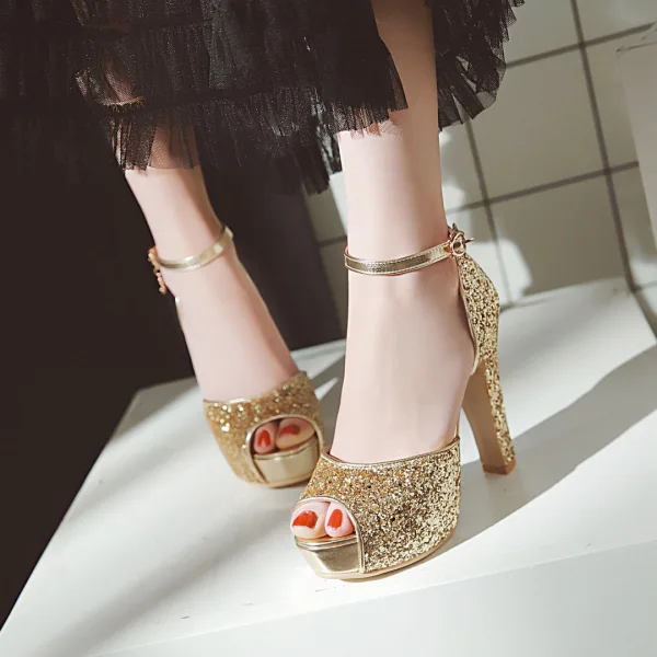 Sexy Silber Abend Pailletten Sandalen Damen 2021 Knöchelriemen 12 cm Thick Heels Peeptoes Sandaletten Hochhackige