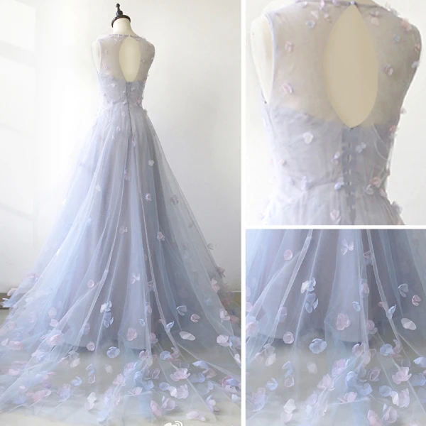 Flower Fairy Sky Blue See-through Evening Dresses 2018 A-Line / Princess Scoop Neck Sleeveless Appliques Flower Court Train Ruffle Backless Formal Dresses