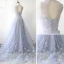 Flower Fairy Sky Blue See-through Evening Dresses  2018 A-Line / Princess Scoop Neck Sleeveless Appliques Flower Court Train Ruffle Backless Formal Dresses