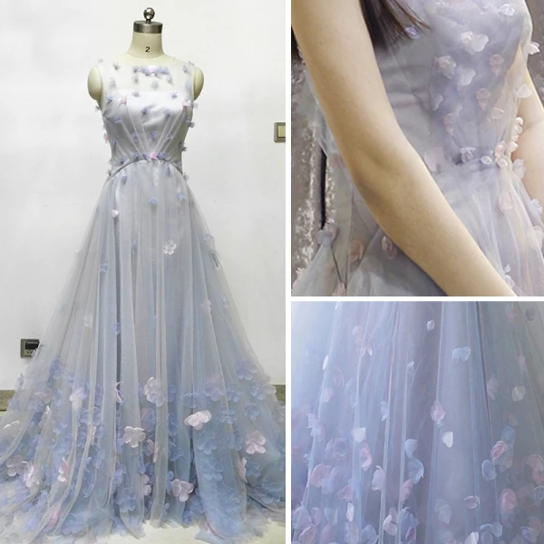 Flower Fairy Sky Blue See-through Evening Dresses 2018 A-Line / Princess Scoop Neck Sleeveless Appliques Flower Court Train Ruffle Backless Formal Dresses
