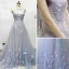 Flower Fairy Sky Blue See-through Evening Dresses  2018 A-Line / Princess Scoop Neck Sleeveless Appliques Flower Court Train Ruffle Backless Formal Dresses