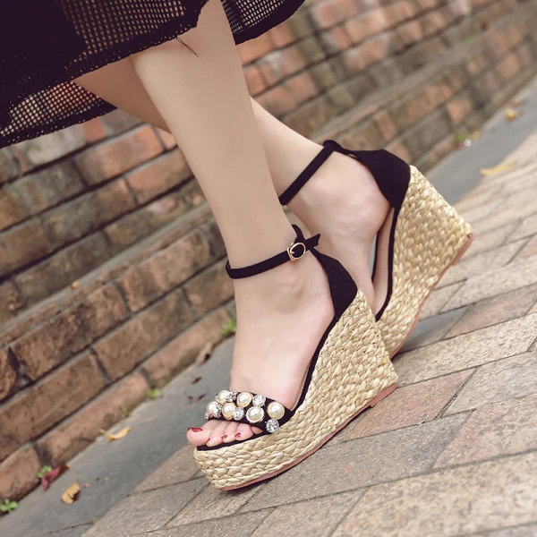 Chic / Beautiful Candy Pink 2018 Beach Sandals Casual Leather Beading Pearl Thick Heels 10 cm Pointed Toe Womens Shoes