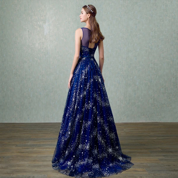 Chic / Beautiful Sparkly Royal Blue Evening Dresses 2017 A-Line / Princess U-Neck Lace Backless Glitter Sequins Chiffon Bling Bling Homecoming Evening Party Prom Dresses