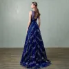 Chic / Beautiful Sparkly Royal Blue Evening Dresses  2017 A-Line / Princess U-Neck Lace Backless Glitter Sequins Chiffon Bling Bling Homecoming Evening Party Prom Dresses