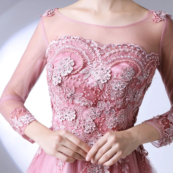 Classic Elegant Blushing Pink Evening Dresses 2017 A-Line / Princess U-Neck Lace Beading Backless Appliques Evening Party Formal Dresses